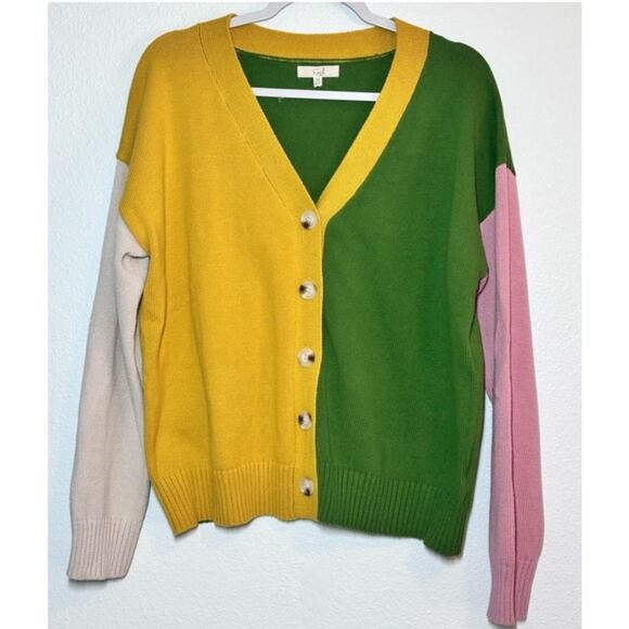 Easel Color Block Cotton Button Front Oversized Med. Cardigan Sweater Excellent - Picture 1 of 7